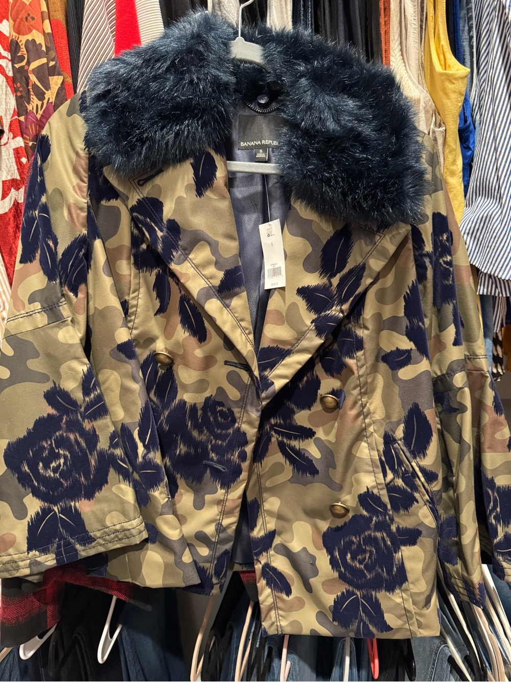 Banana Republic Olive & Navy Floral Camo Peacoat with Faux Fur Collar